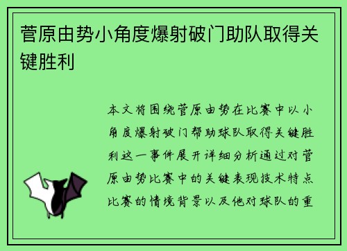 菅原由势小角度爆射破门助队取得关键胜利 菅原由势小角度爆射破门助队取得关键胜利