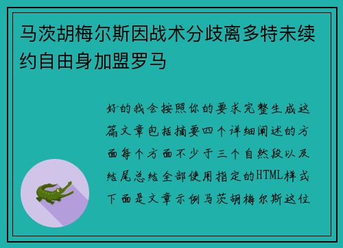 马茨胡梅尔斯因战术分歧离多特未续约自由身加盟罗马 马茨胡梅尔斯因战术分歧离多特未续约自由身加盟罗马